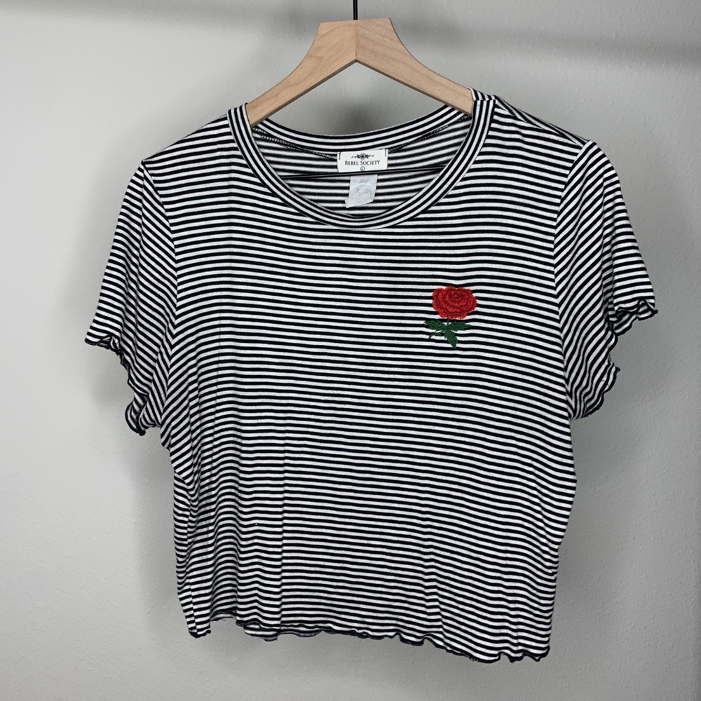 Black & White Striped T Shirt w/ Rose Embroidery